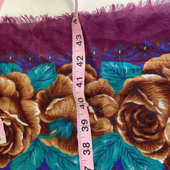 NWT Vintage Symphony Floral Fringe Square Scarf OS Womens Purple Rayon 70s 80s - Picture 6 of 7